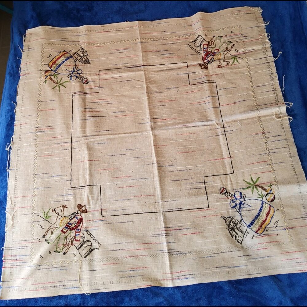 Vintage Vogart Stamped Embroidery Luncheon Cloth No.458, Donkey & Sombrero Motif